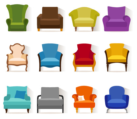 Set of different chairs in flat style. Collection icons of armchairs.のイラスト素材