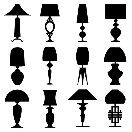 Silhouettes of lamps. A collection of twelve different lamps.のイラスト素材