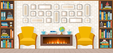 living room with furniture, bookshelves, fireplace, paintings, accessories.のイラスト素材