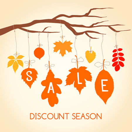 Autumn sales banner with colorful leaves hanging on a branch.のイラスト素材