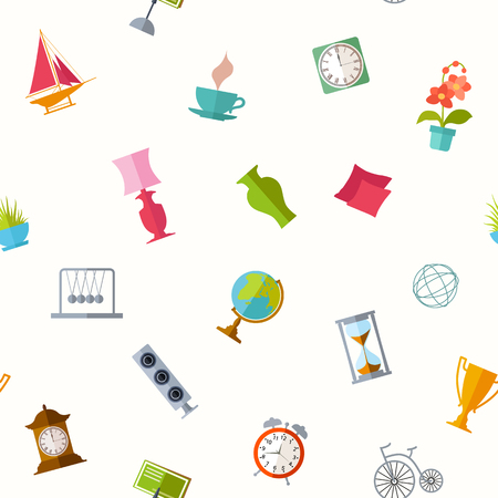 Seamless pattern with a home decor. background with souvenirs and accessories for interior design. Can be used for fabric, wallpaper, wrapping, textile.のイラスト素材