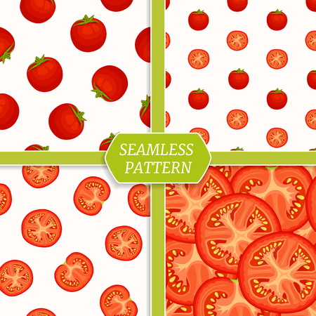 Tomato backgrounds set. Collection of seamless patterns with red tomatoes.のイラスト素材
