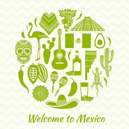 Mexican icons silhouettes. Set of traditional Mexican symbols. Templates and stencils for your design.のイラスト素材
