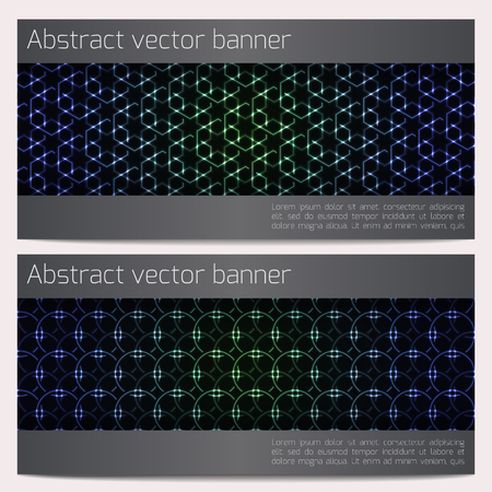 horizontal banners set with glowing geometric shapes. Effect neon glow. Template with sample text.のイラスト素材