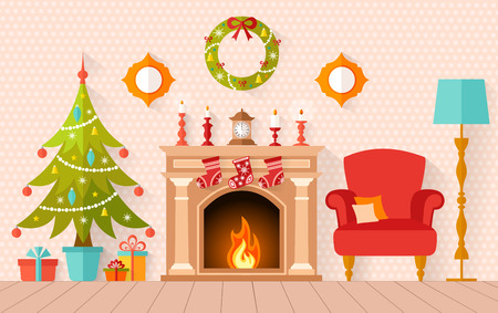 Christmas interior design with Christmas tree and fireplace. Living room decorated for the new year in flat style.のイラスト素材