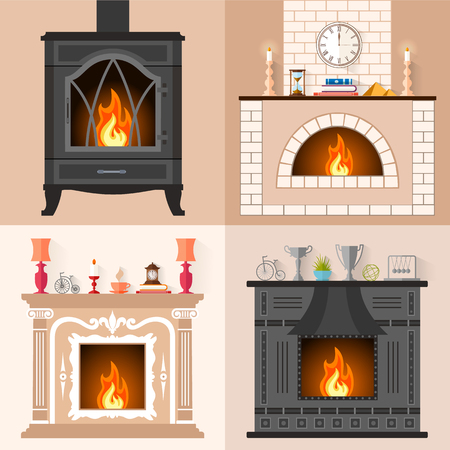 set of fireplaces in flat style. Collection of icons of different fireplaces with flame. Template for your design.のイラスト素材