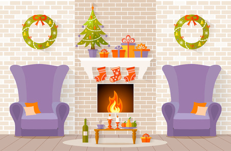 interior decorated for Christmas. The design of the room with fireplace. Living room is ready to celebrate the new year.のイラスト素材