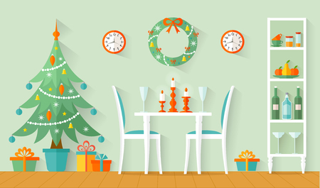 Dining room with festive Christmas dinner. The design of the room for the new year.のイラスト素材