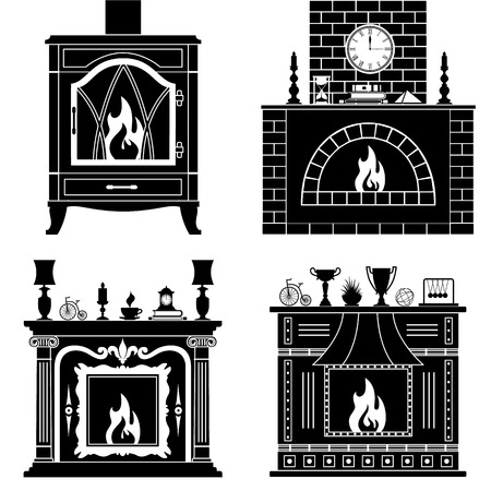 Fireplaces silhouettes isolated on white background. Set stencil fireplaces.のイラスト素材