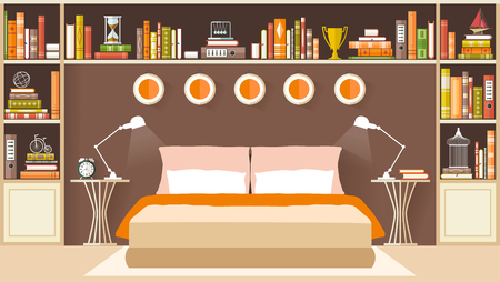 Interior design bedroom with shelves, books and furniture. Vector illustration.のイラスト素材