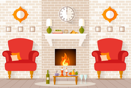 The design of the room with fireplace. Vector interior with served table. Living ready for the festive romantic dinner.のイラスト素材