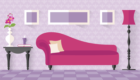 Interior with pink couch in flat style. living room, lounge. Vector illustration. Boudoir for women in purple tones with ottoman. Interior Design.のイラスト素材