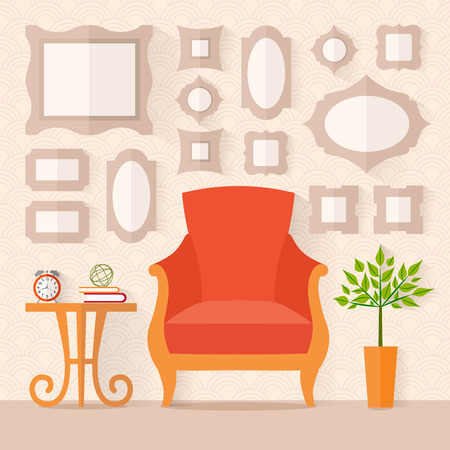 Living room with furniture and paintings on the wall. Flat style vector illustration.のイラスト素材