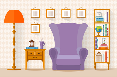Interior with furniture, bookcase, armchair in flat style. living room. Vector illustration. Interior designのイラスト素材