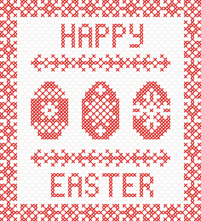 Vector  frame with cross-stitch inscription Happy Easterのイラスト素材