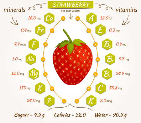 The content of minerals and vitamins in strawberry. Vector illustration. Strawberry infographics, nutrition facts, calories and analysis.のイラスト素材