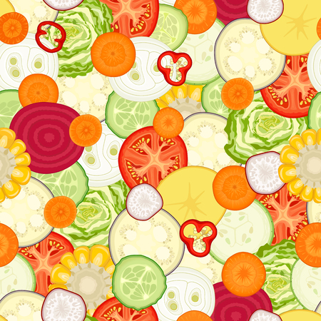 Vegetable seamless pattern. A repeating backdrop of sliced various vegetables. Vector illustration.のイラスト素材