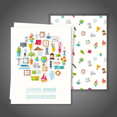Cards with home decor symbols. Greeting or Invitation vector card on interior design. Branding Design. Banner.のイラスト素材