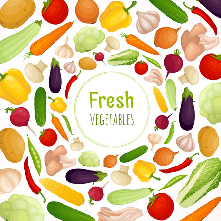Vector frame of vegetables. Round border made from vegetables. Vector illustration.のイラスト素材