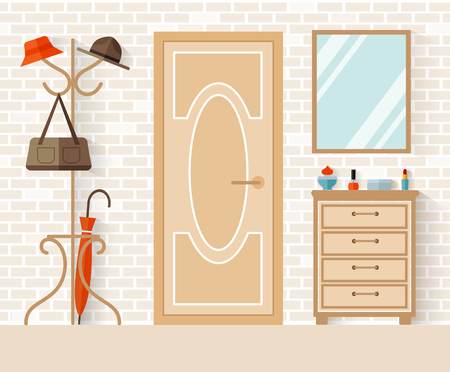 Interior design of the hallway in flat style. Vector illustration. Decoration of the entrance area. Anteroom.のイラスト素材
