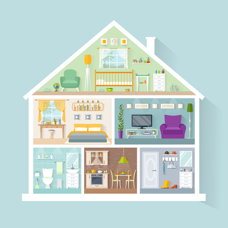 Vector house model with rooms for different purposes. Side view. Interior design. Illustration in a flat style.のイラスト素材