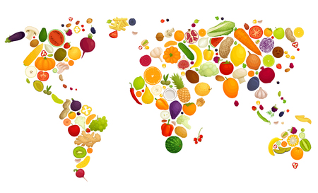 Map of the world laid out of vegetables and fruits. Food in the form of continents. Vector illustration.のイラスト素材