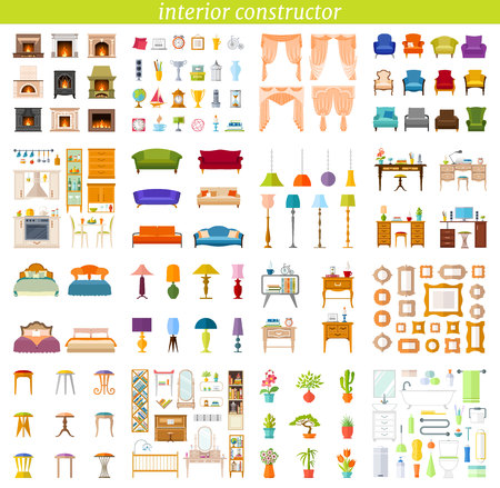 Interior creator. Set of vector icons for interior design. Constructor.のイラスト素材