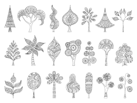 A set of hand-drawn sketches of trees. Vector doodle plant. Zentangle style. A collection of trees to create a forest. Patterns for coloring.のイラスト素材