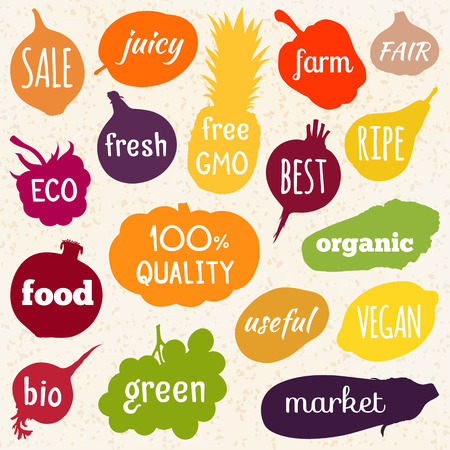 Multicolored silhouettes of vegetables and fruits with inscriptions inside. Vector illustration. Motivational poster about healthy nutrition.のイラスト素材