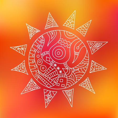 Hand-drawn sun in tribal style on a blurred background. Vector. Doodle illustration.のイラスト素材