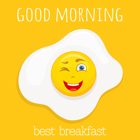 Fried egg with a face and a smile. Vector funny character in cartoon style. Breakfast symbol. Nice card with a wish for a good morning.のイラスト素材