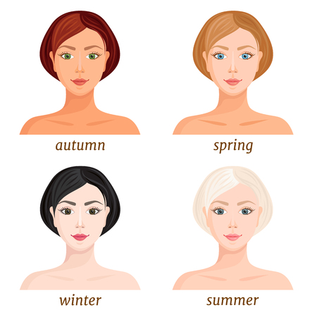 Seasonal color types. Vector information banner. Winter, spring, autumn and summer color types of female faces.のイラスト素材