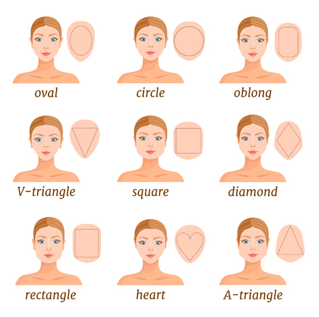 Set of different face shapes. Vector illustration. Forms of female faces. Portrait with a scheme.のイラスト素材