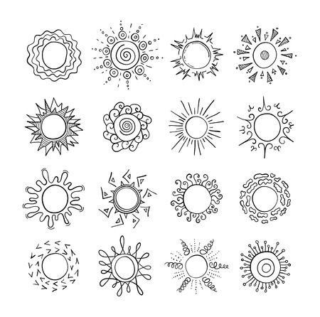 Set of doodles suns on a white background. Sketches of different in shape and design suns drawn by hand. Vector illustration.のイラスト素材