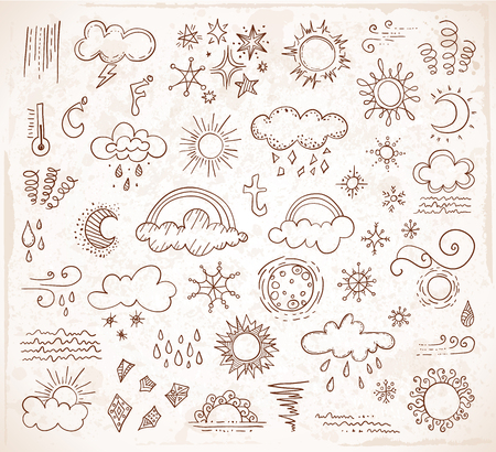 Doodle weather icons. Vector illustration. Hand-drawn symbols of weather. Set of design elements on vintage grunge background.のイラスト素材