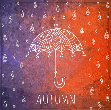 Grunge banner with umbrella and rain drops. Autumn season card. Hand drawn vector illustration.のイラスト素材