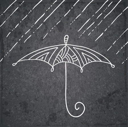 Patterned doodle umbrella in the rain on a dark grunge background. Hand-drawn vector card. Banner on the autumn theme. Sketch.のイラスト素材