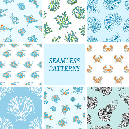 Set of seamless patterns with sea animals. Backgrounds with underwater world. Vector illustration.のイラスト素材