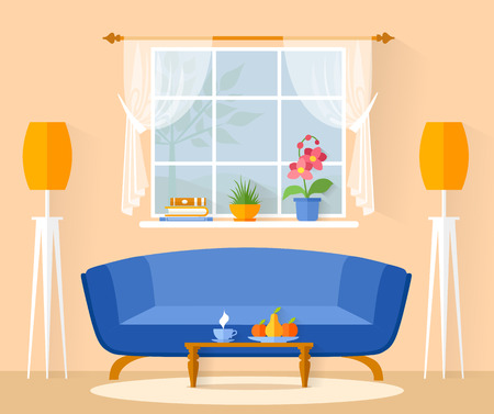 Little vector living room. Cozy modern room with furniture and a window. Interior in flat style. Banner with a minimalist interior.のイラスト素材