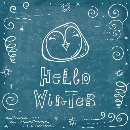 Card with a penguin and the words hello winter. Hand drawn vector banner on a holiday theme. Doodle postcard.のイラスト素材