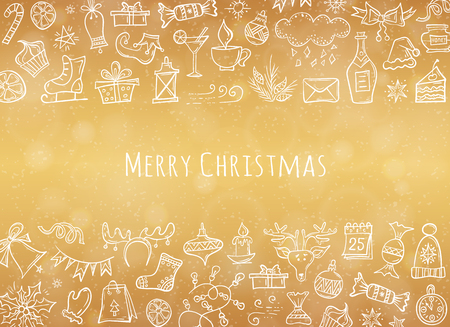 Template for New Year greeting card, invitation or poster. Christmas golden banner. Hand drawn design elements. Sketchのイラスト素材