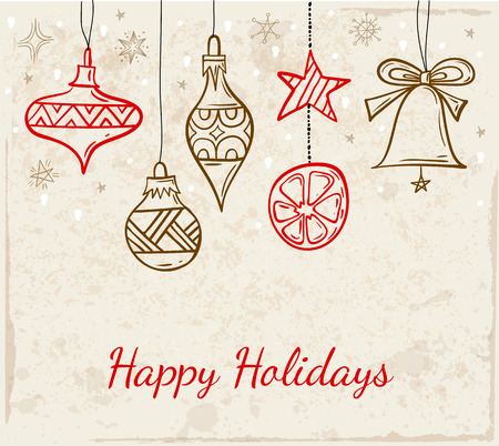 Retro holiday card with christmas toys. Vector banner with hand-drawn decor. Vintage Christmas decorations.のイラスト素材