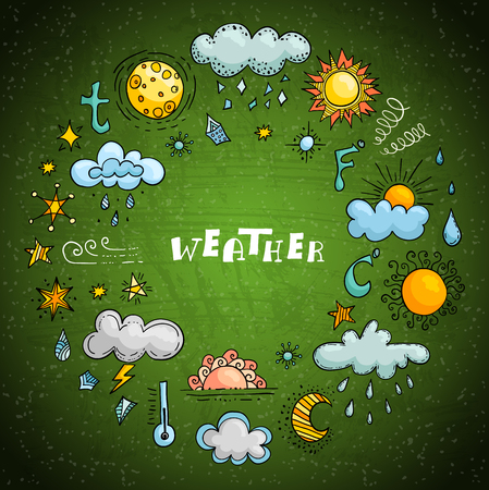 Card with symbols of weather. Painted hand-drawn design elements in the shape of a wreath. Doodle style. Vector poster.のイラスト素材