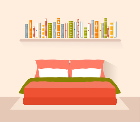 Interior design bedrooms. A room with a bed, a shelf and books in a flute style. Bedroom inside. Vector illustration.のイラスト素材