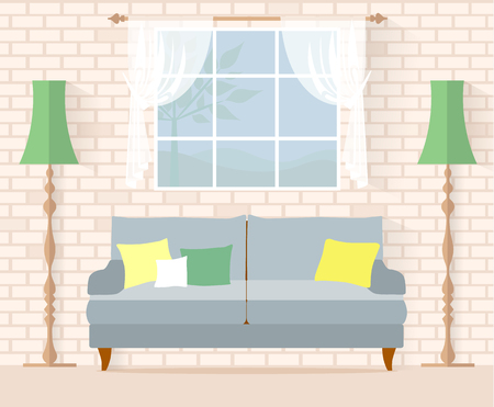 Living room in country style. Interior with a sofa on the background of a brick wall. Vector illustration.のイラスト素材