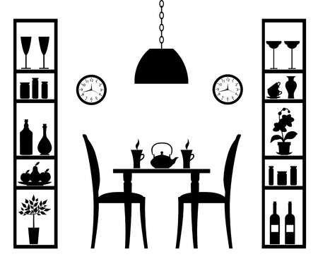 Black and white stencil dining room. Silhouette cafe. Vector interior design.のイラスト素材