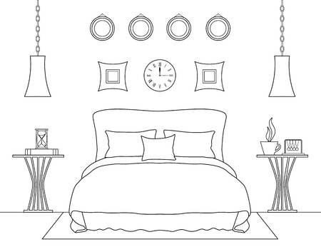Vector linear bedroom interior. Sketch of the room. Illustration drawn by thin lines.のイラスト素材