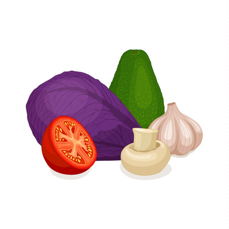 Composition of seasonal vegetables isolated on white background. Vector still life. Proper healthy food.のイラスト素材