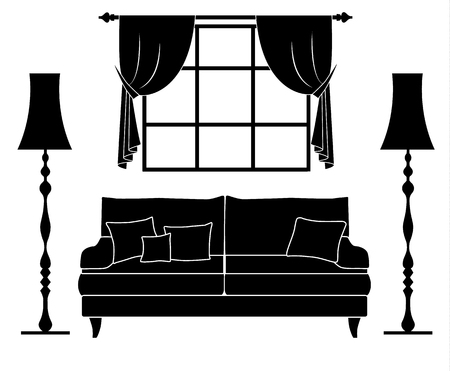 Room template. Vector bedroom silhouette. black white illustration.のイラスト素材