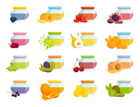Various fruit and berry jam in jars. Set of vector elements.のイラスト素材